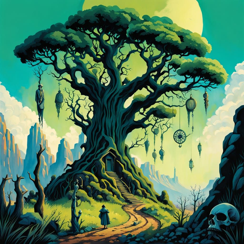 Whimsical Vintage Canyon Scene with Twisted Humanoid Figures