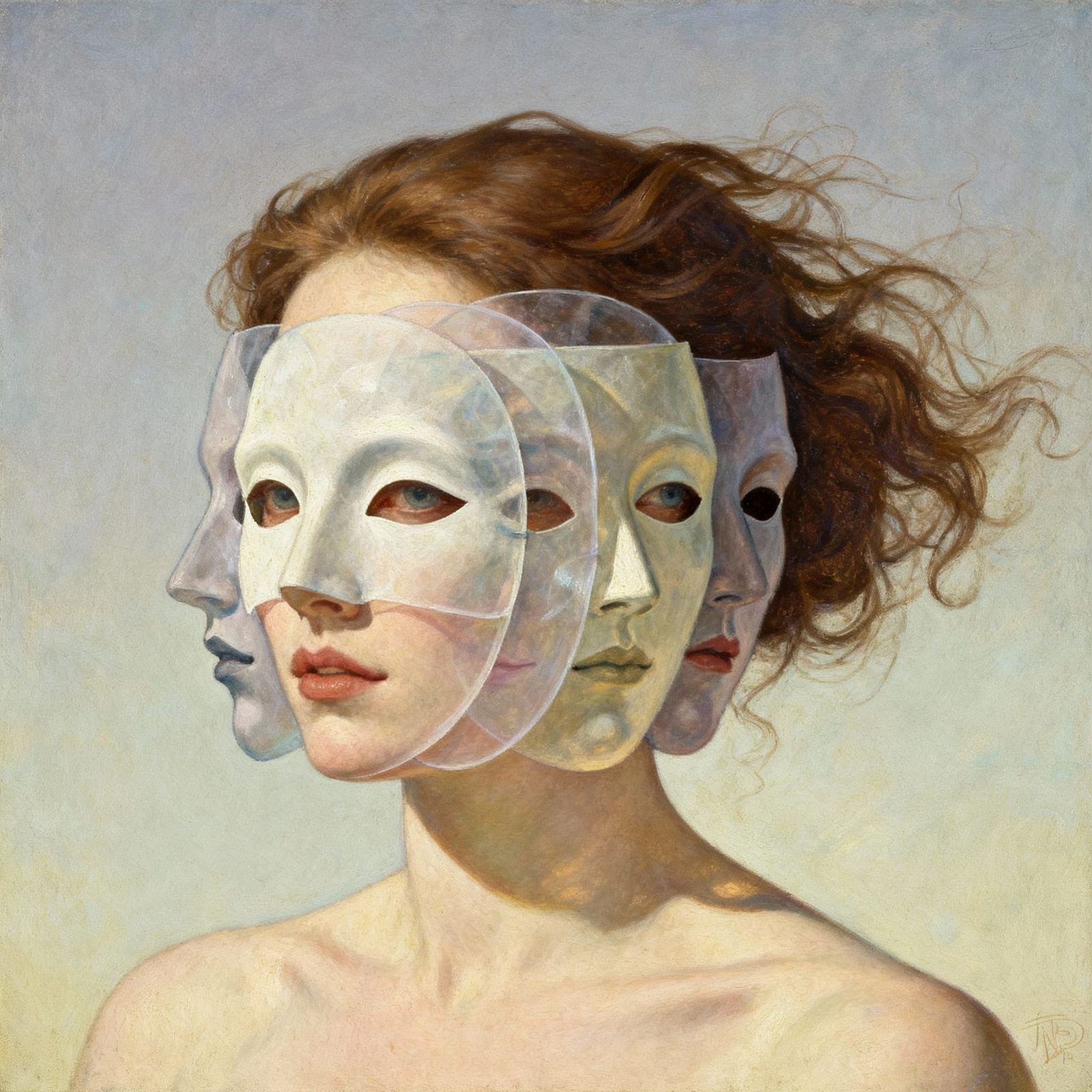 Surreal Portrait of Woman With Overlapping Masks in Pastel T...