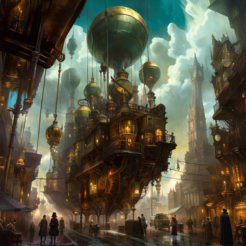Steampunk Sky City Amidst Ethereal Clouds