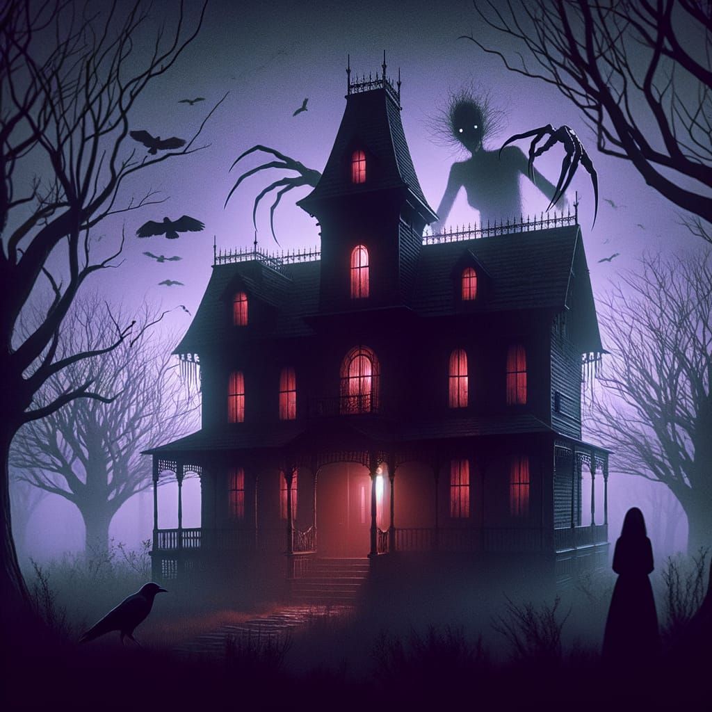Haunting Victorian House with Shadow Figure in Twilight
