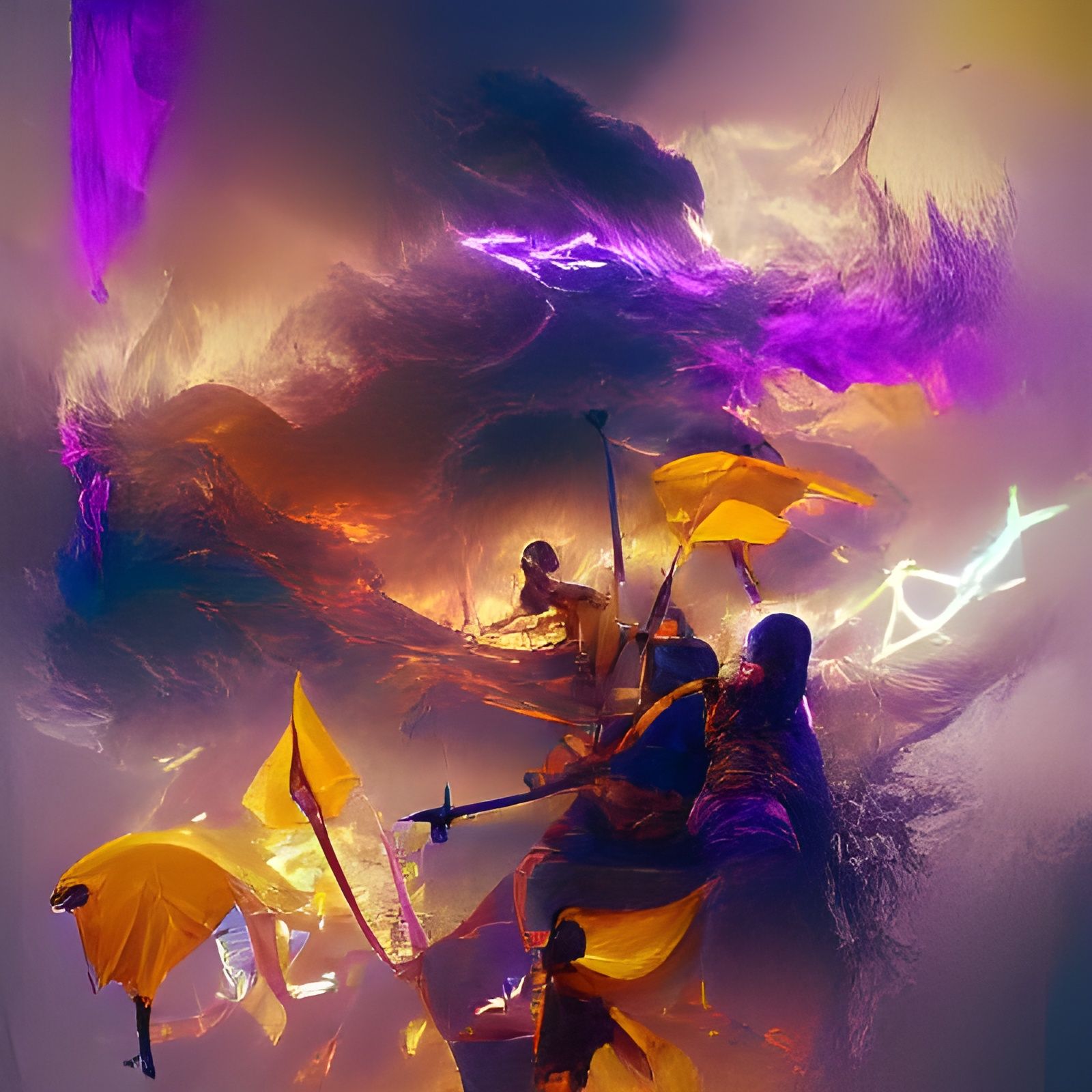 Epic Warriors in Fiery Thunderstorm, Dark Fantasy Art