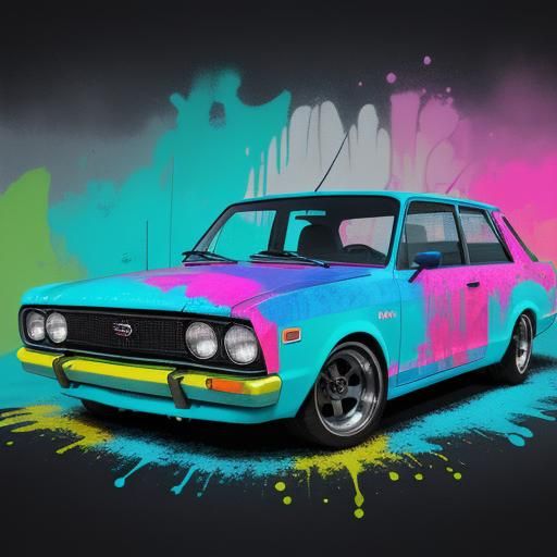 Datsun 510 in Pool of Paint: Vibrant Street Art