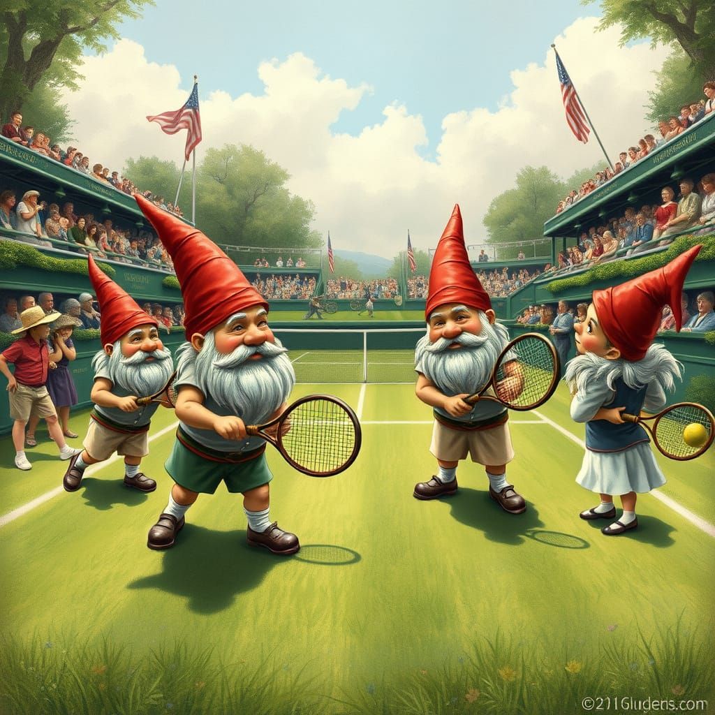 Gnomes Play Tennis at Wimbledon in Arthur Rackham Style