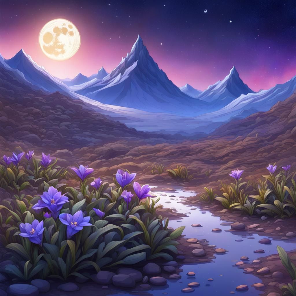 Tradescantia Flower Landscape at Night, 2D Art