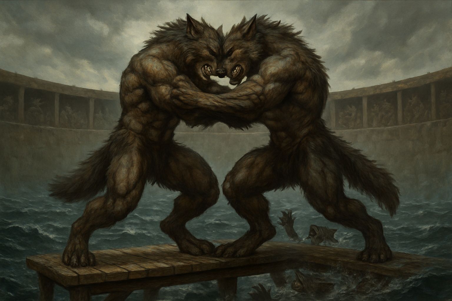 Tribal Wolf-Beastmen Wrestling Above Cold Sea