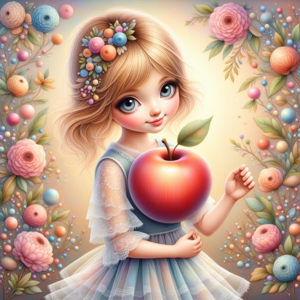 Delicate Whimsy: Little Girl Admires Giant Apple