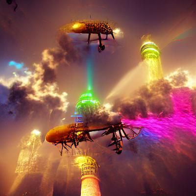 Steampunk Sky City with Neon Airships