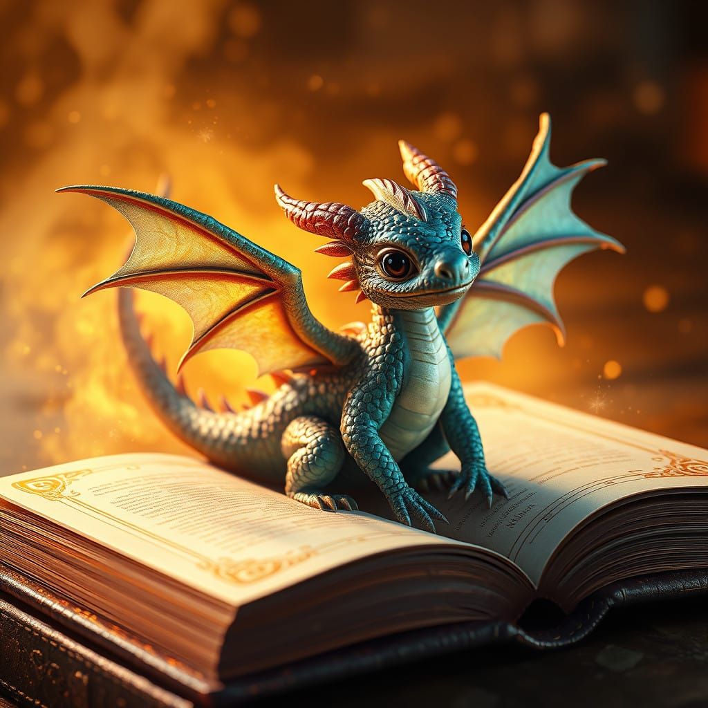 Baby Dragon Emerging from Storybook in Vibrant Colors