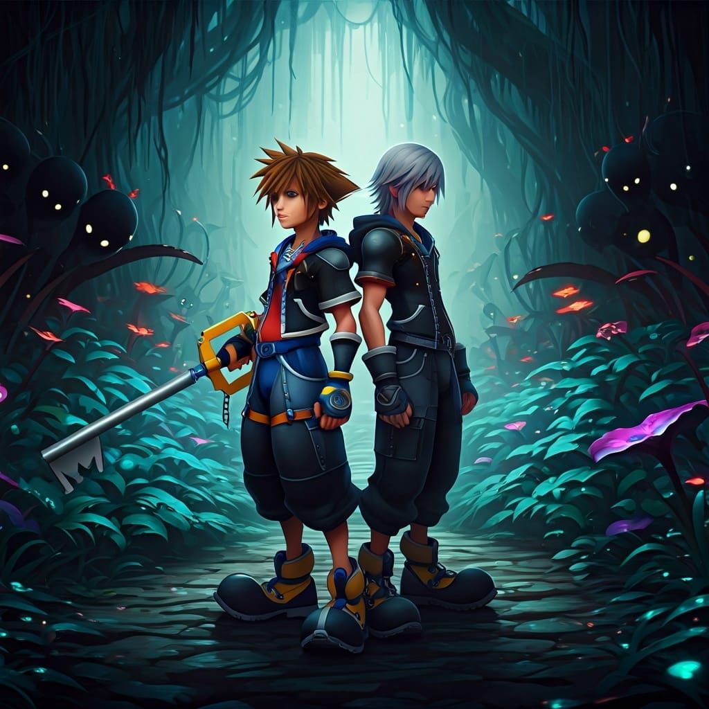 Sora and Riku in Bioluminescent Jungle, 3D Rendered