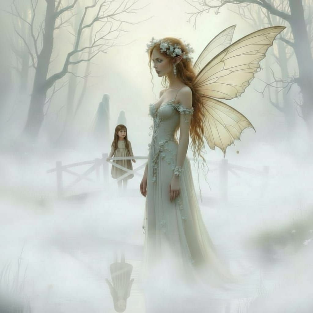 Ethereal Fairy Covered in Flowers Near Misty Pond