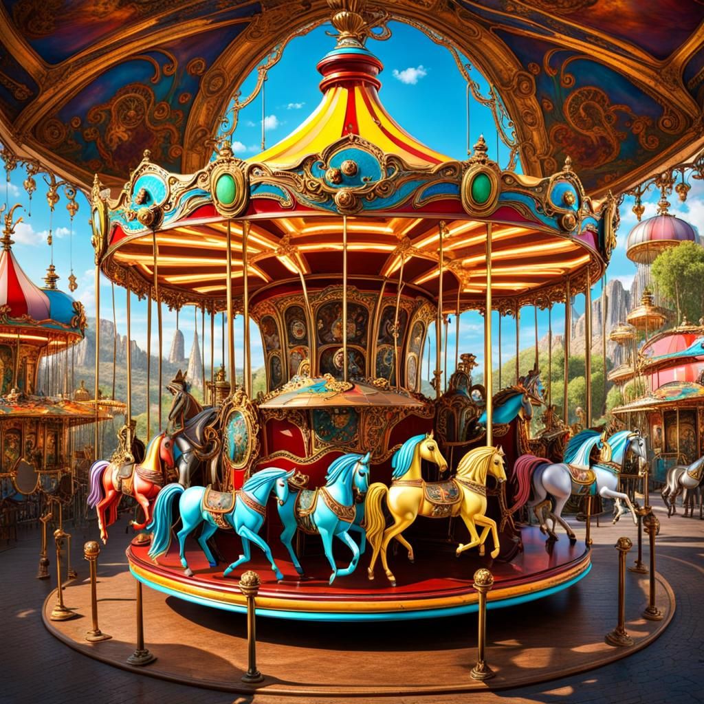 Fantasy Steampunk Carousel with Enamel Horses in Anime Style
