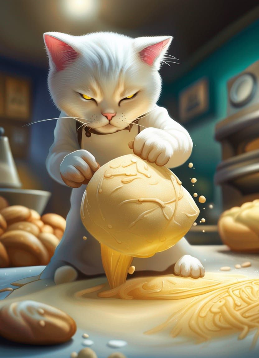 Hyperrealistic Cat Kneading Dough at Bakery