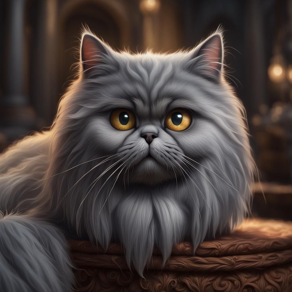 Fantastical Grey Persian Cat Portrait in Detailed Matte Styl...