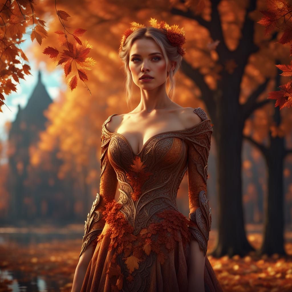 Autumn Beauty in Glowing Dress: Fantasy Concept Art
