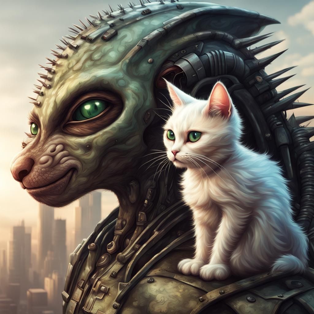 Alien and Cat: A Hyperrealistic Friendship Portrait