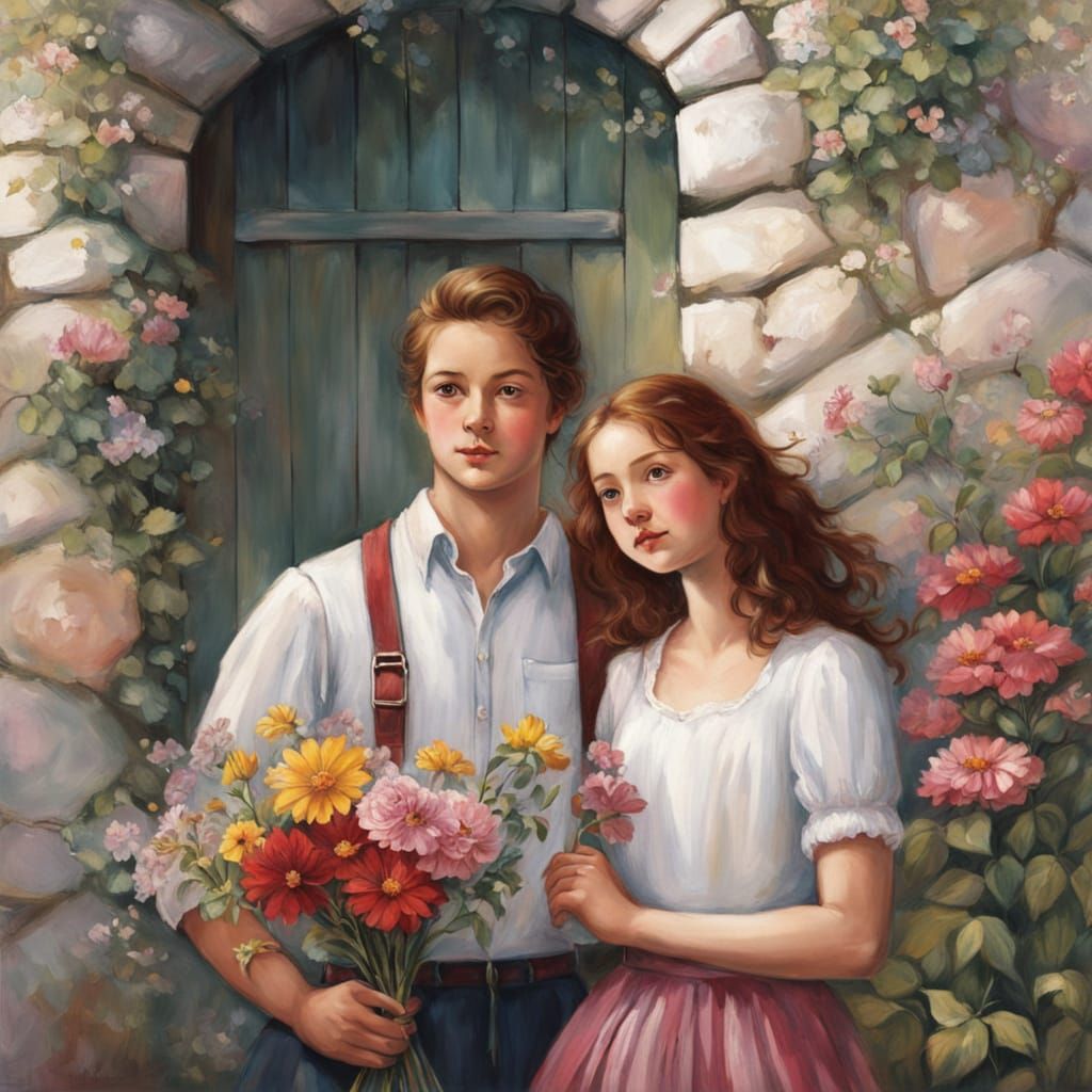 Romantic Couple at Rustic Doorway with Flowers
