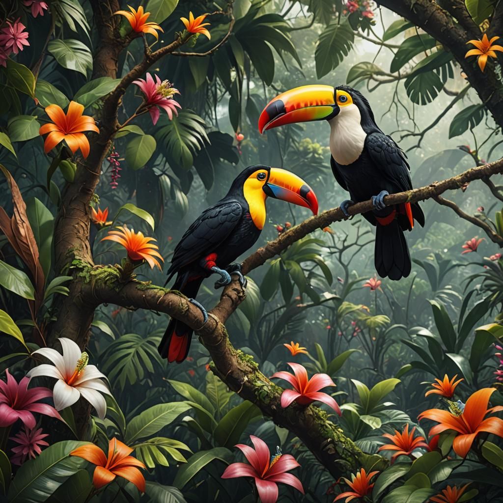 Brightly Feathered Toucan in Jungle Tree