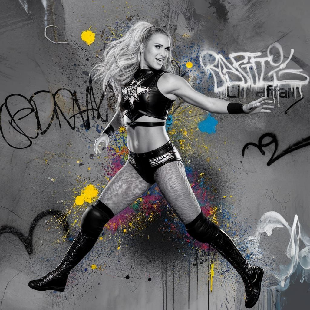 Female Wrestler in Black Leather Leaps in Mid-Air