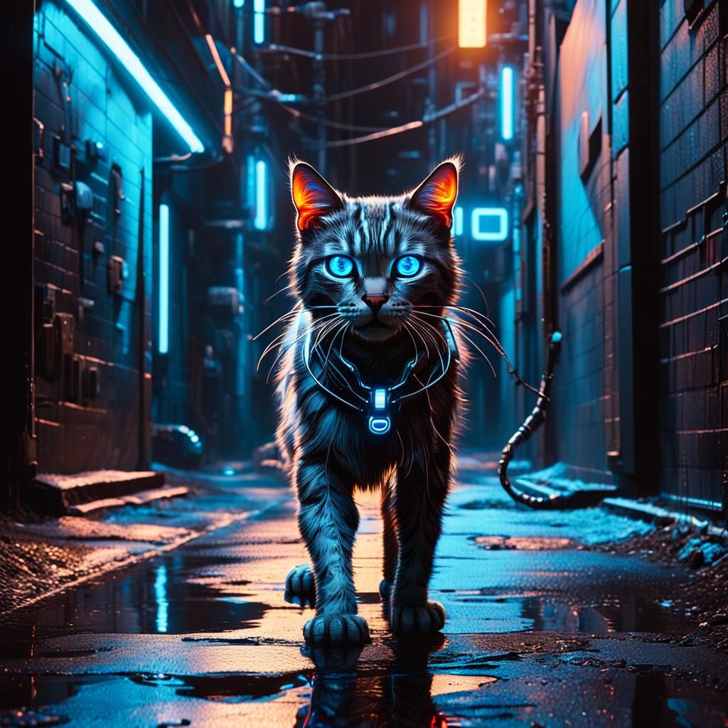 Cybernetic Feline Emotion in a Futuristic Alleyway