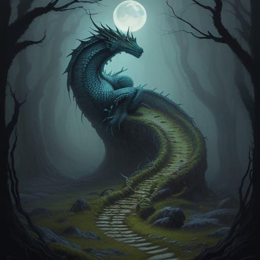 Serpentine Alpine Dragon Coils Around Ancient Tree in Moonli...