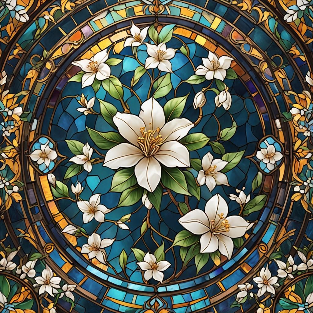 Vibrant Jasmine Flower in Stained Glass Matte Painting