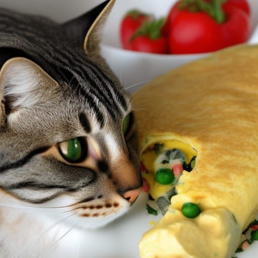 Cat sniffing stuffed omelet