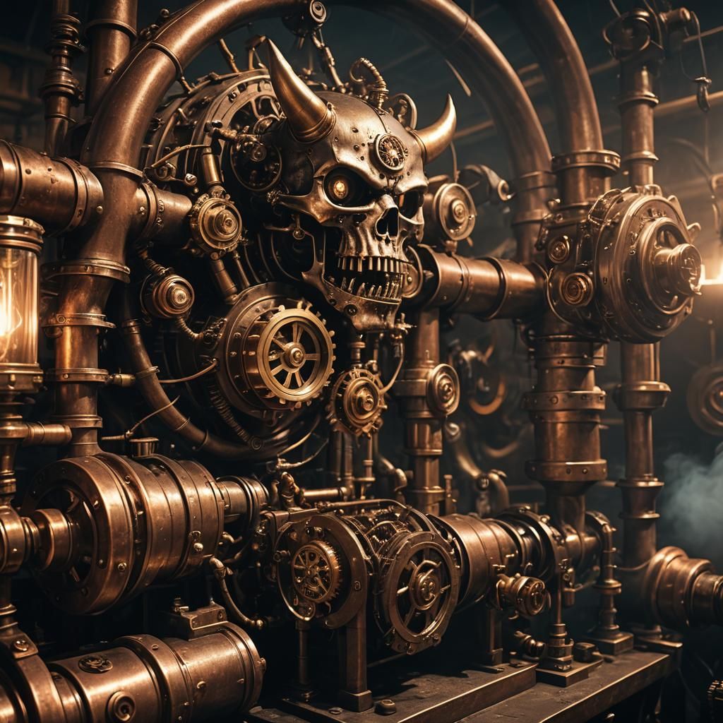 Steampunk Demon Tending Industrial Engine