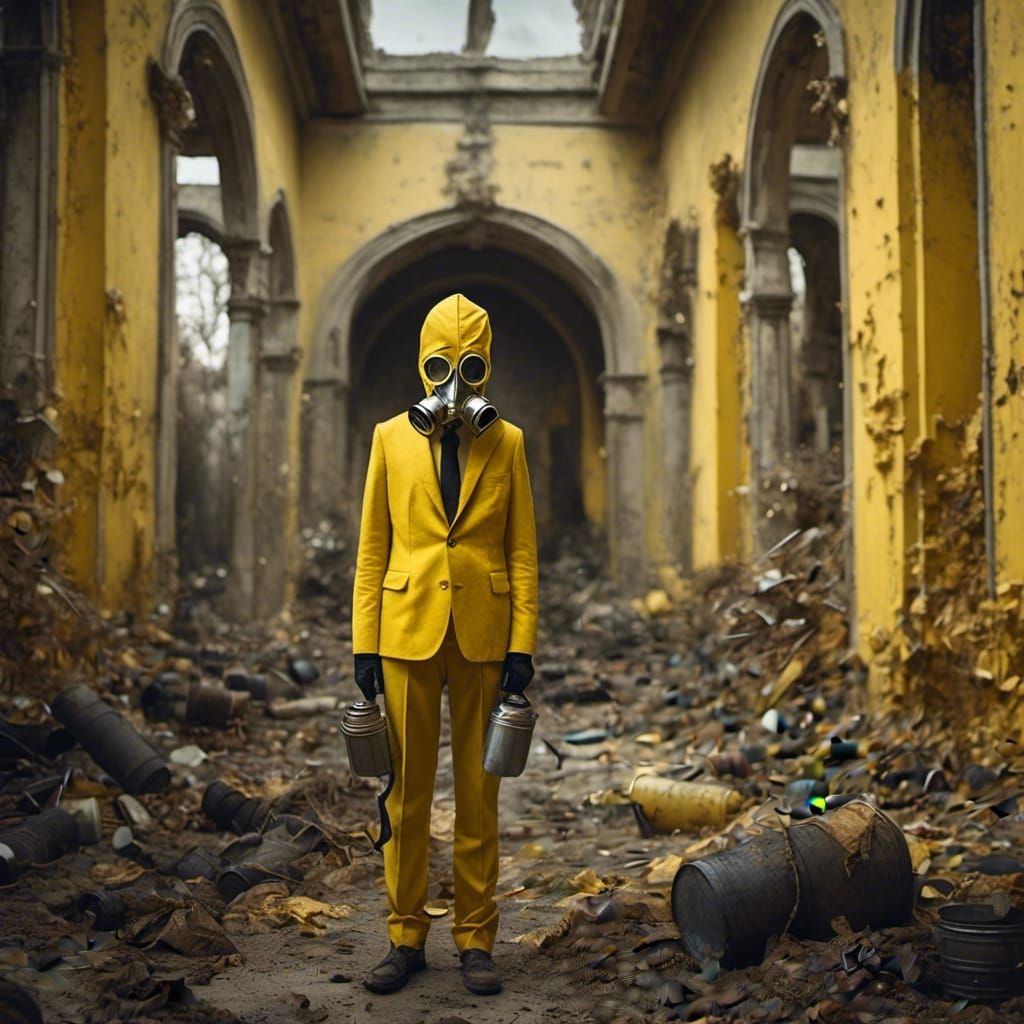 Slender Figure in Yellow Dress and Gas Mask