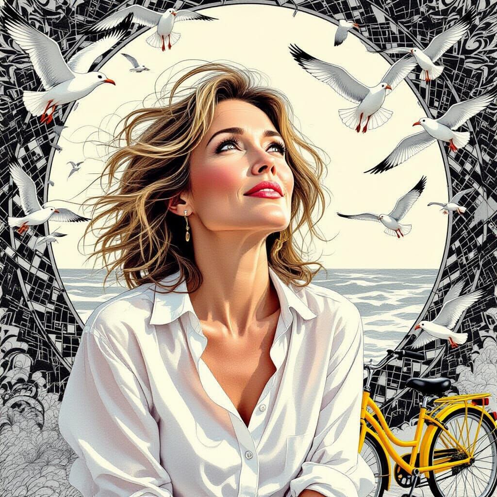 Woman Gazing at Seagulls in Escher Style