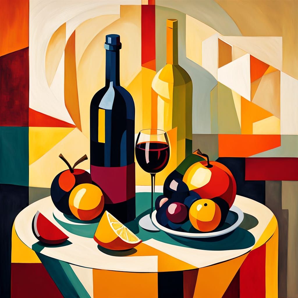 Abstract Cubist Still Life with Wine and Fruit