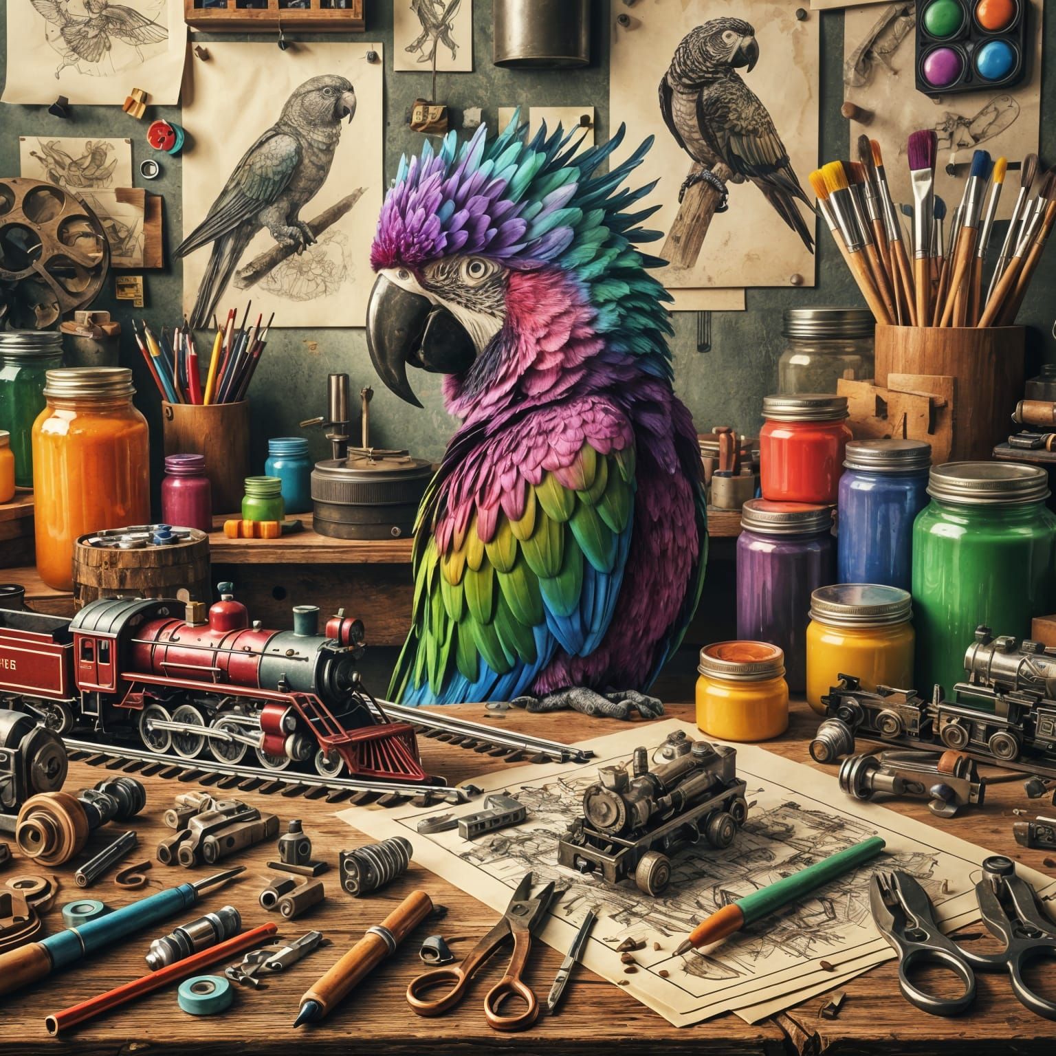Detailed Workspace with Parrot and Model Trains