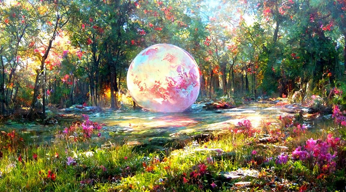 Ethereal Pink Forest Landscape Painting with Glowing Moon