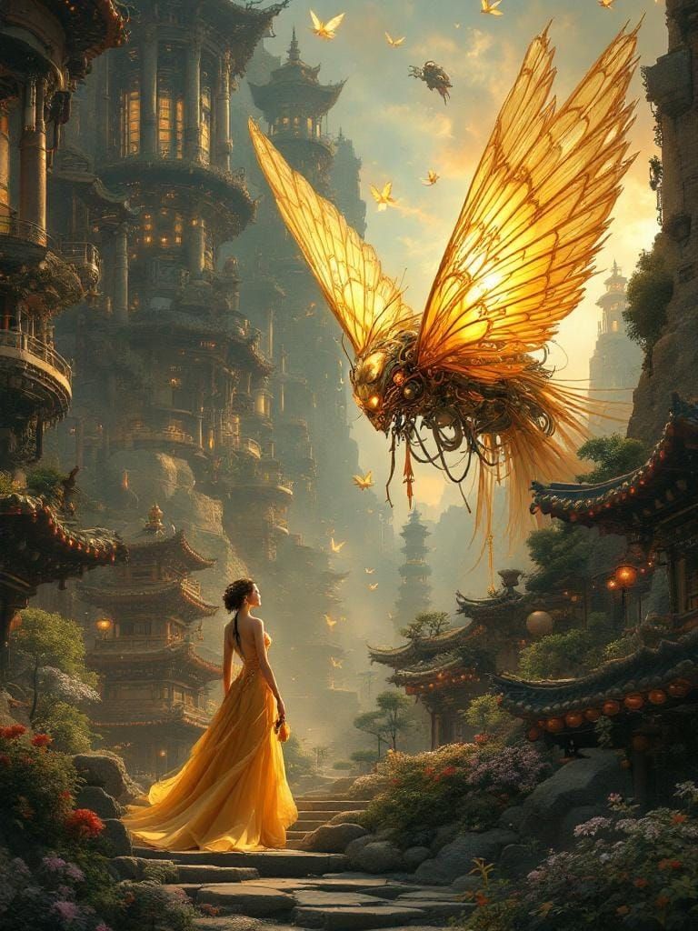 Winged Woman in Dieselpunk Canyon Temple Garden