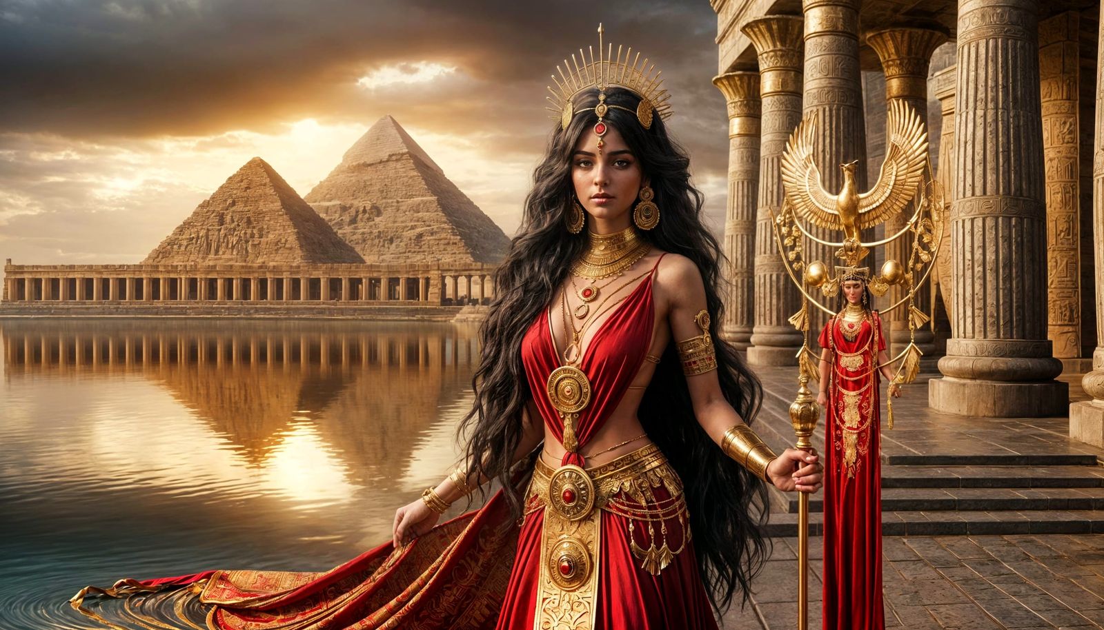 Regal Queen of Ancient Egypt in Majestic Temple Setting