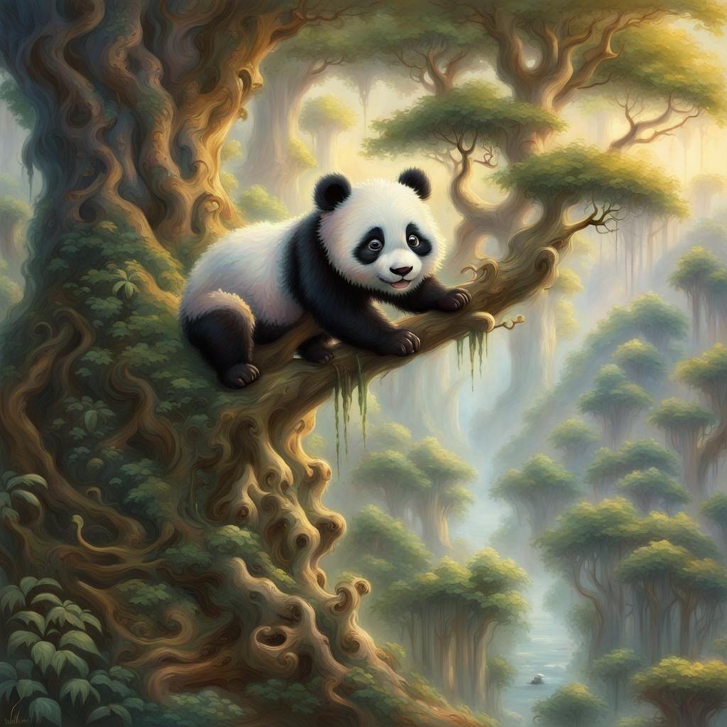 Baby Panda Chasing Cat in Ethereal Forest