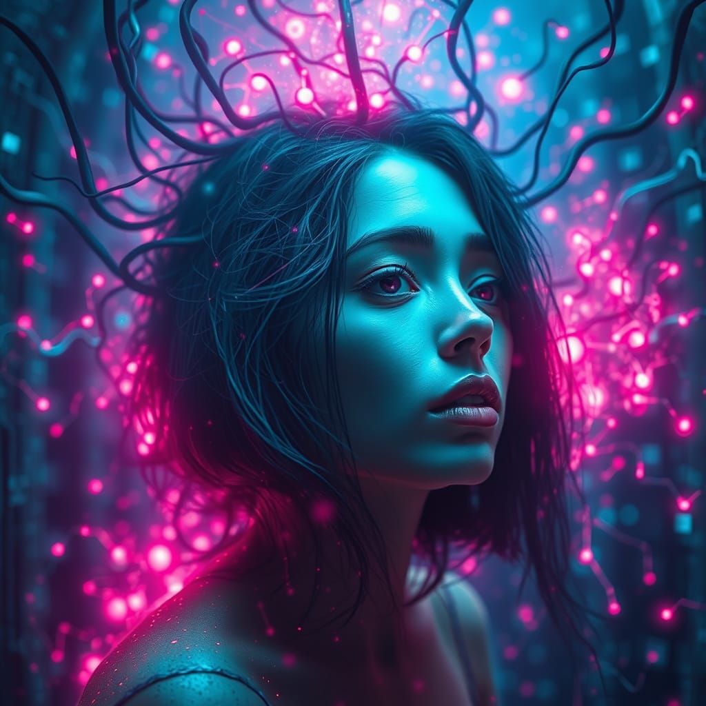 Woman Hiding in Digital Network, Futuristic Art