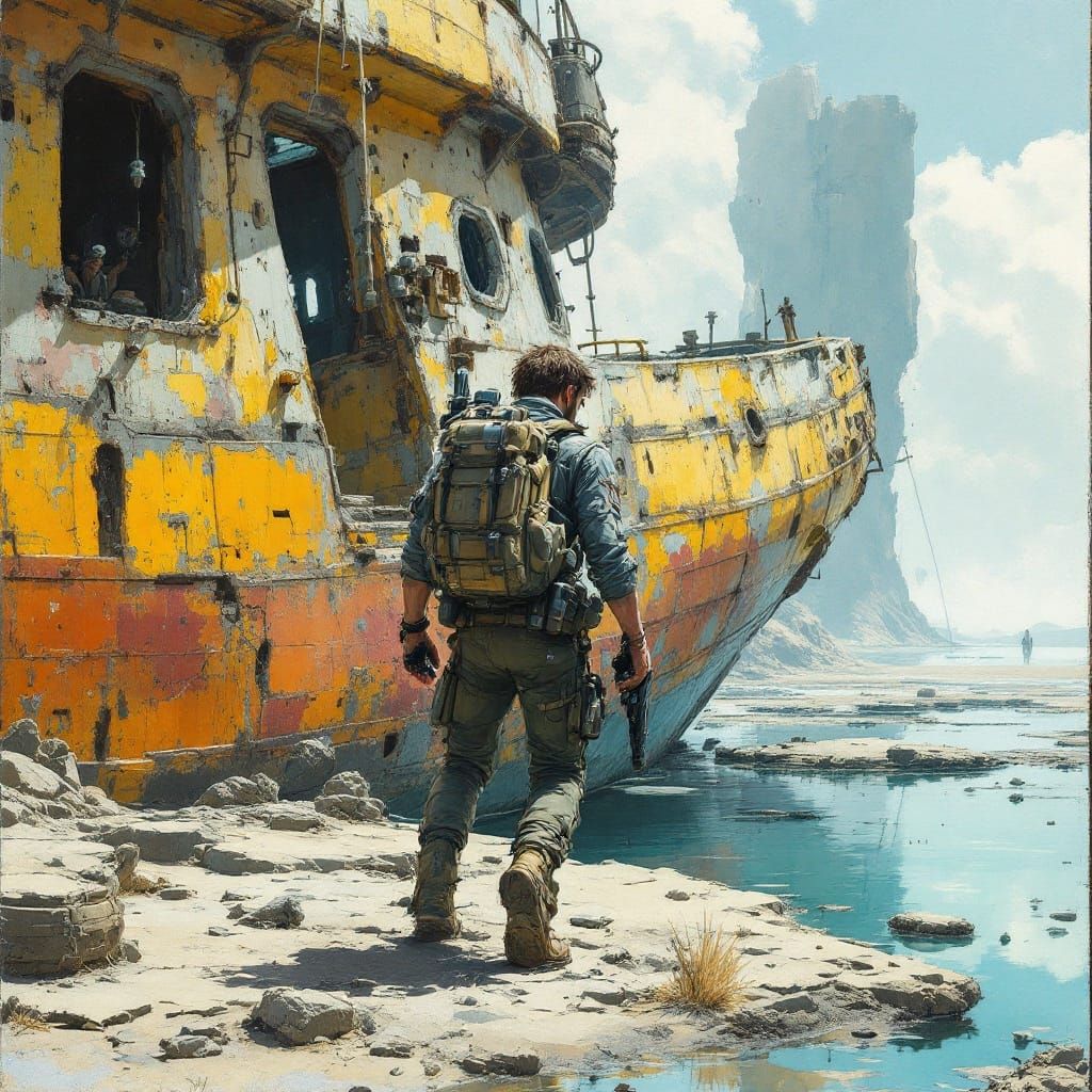 Post-Apocalyptic Adventurer on Dried Lake