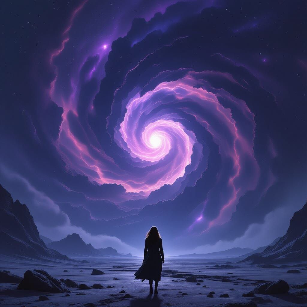 Cosmic Horror: Woman Gazes at Eldritch Entity on Alien Plane...