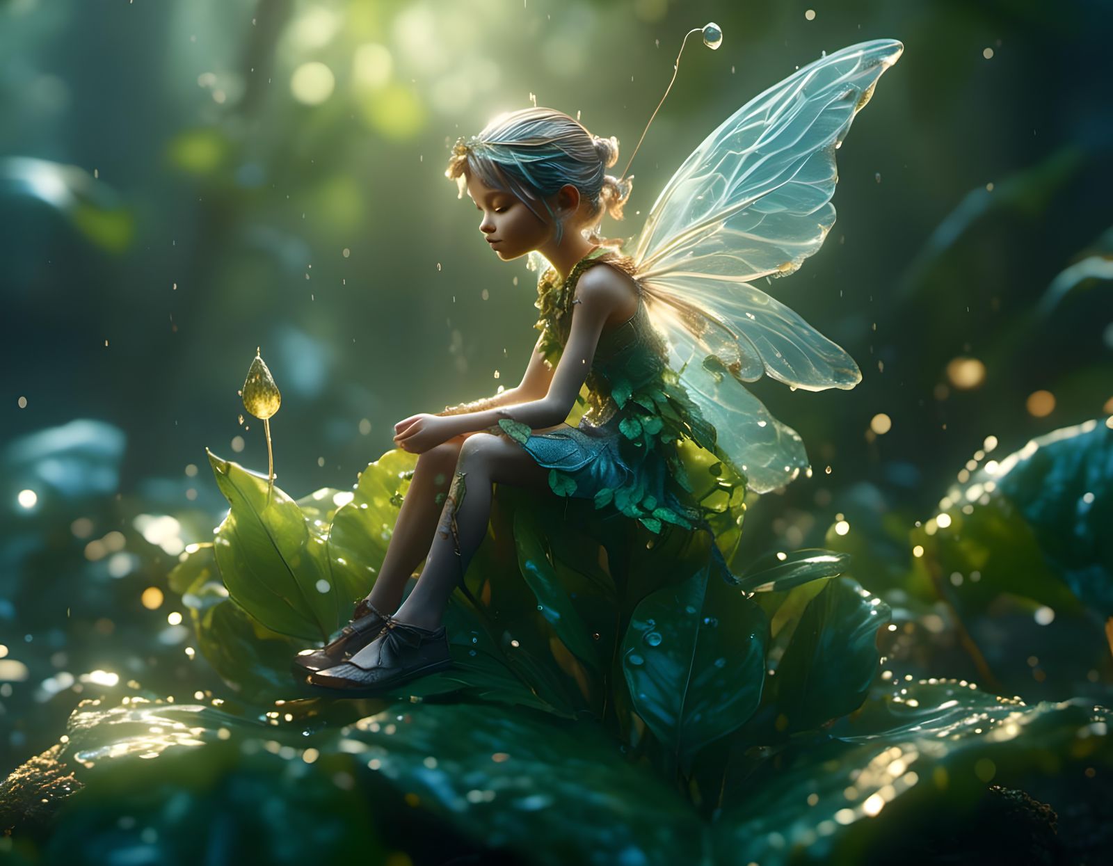 Hyperdetailed Fairy on Leaf in Misty Fantasy
