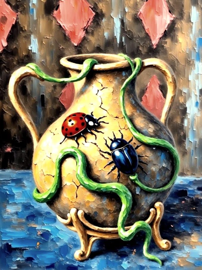 Vivid Vines Spilling from Cracked Vase, Impasto Oil