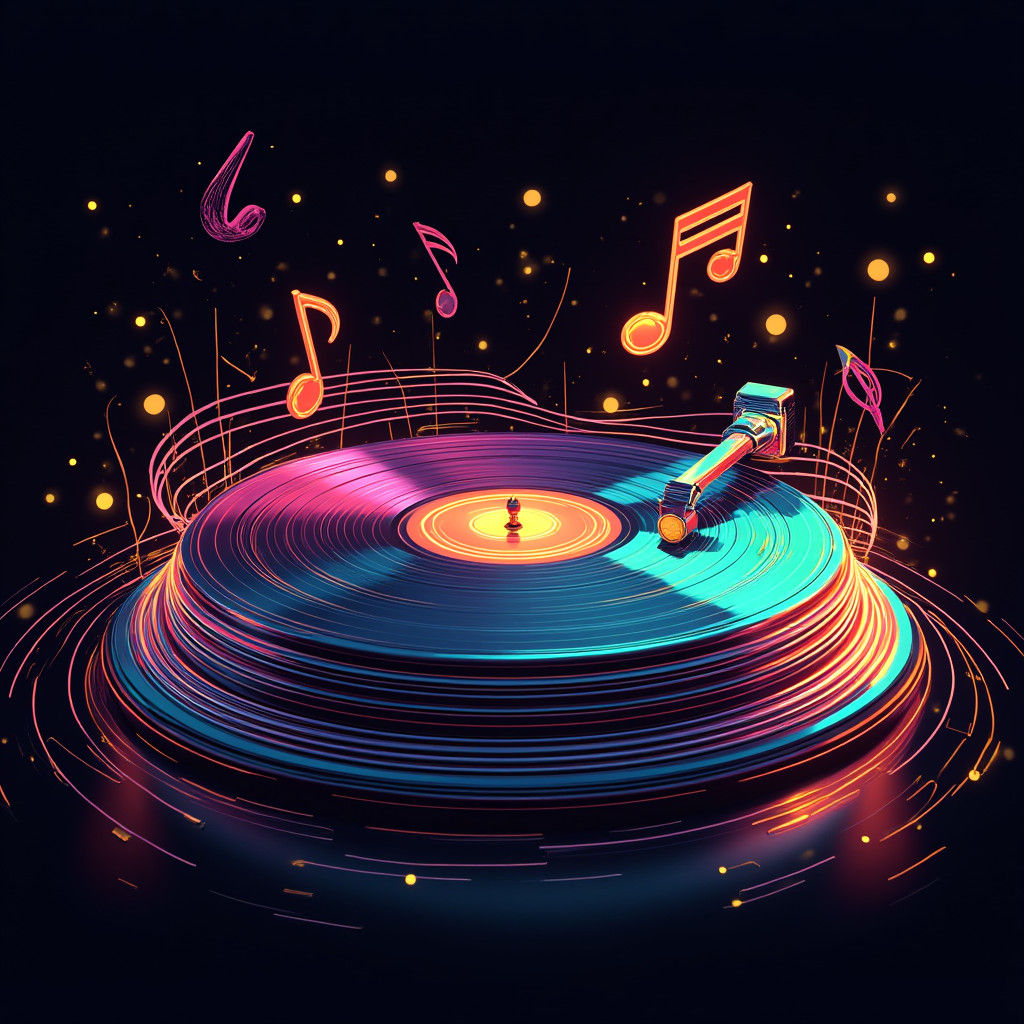 Vibrant Record Player with Iridescent Musical Notes