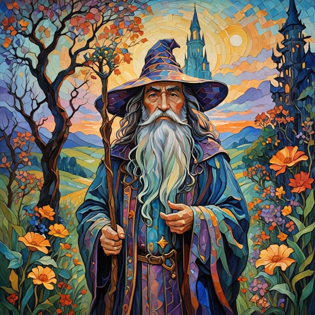 Art Nouveau Wizard at Dawn: Impressionist Oil Painting