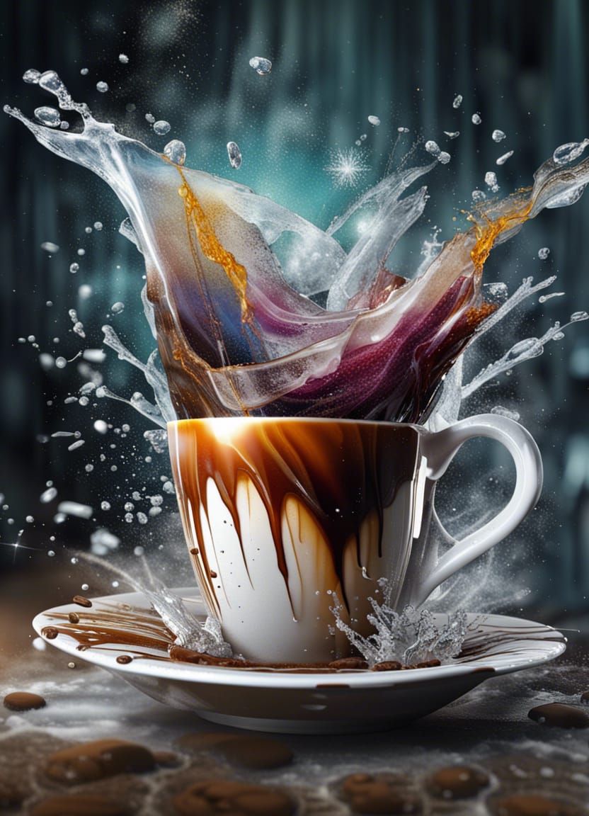 Coffee Splash in Ice Block Collision: Hyperrealistic 3D Art