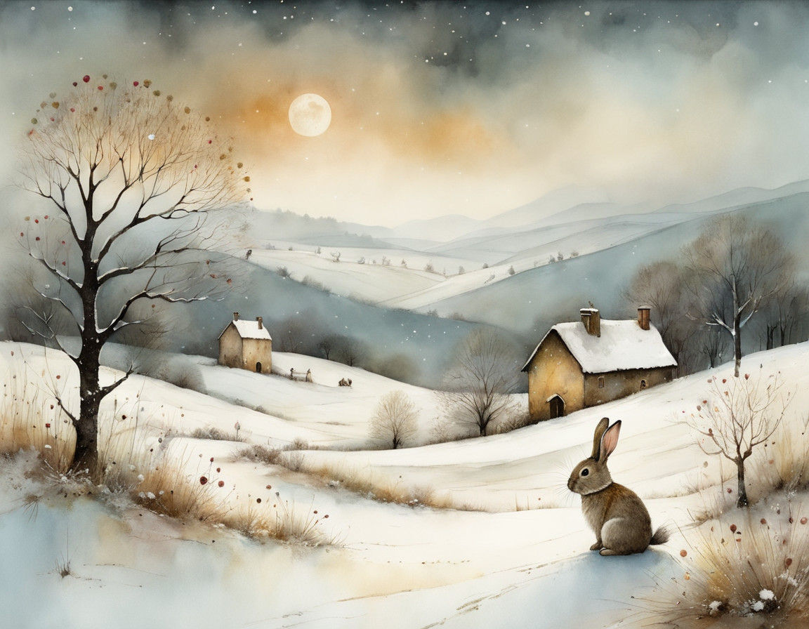 Whimsical Winter Landscape with Little Rabbit