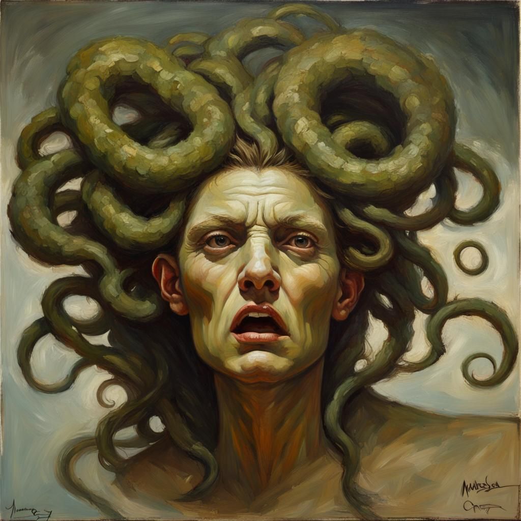 Medusa Monster Face in Classic Oil Painting Style