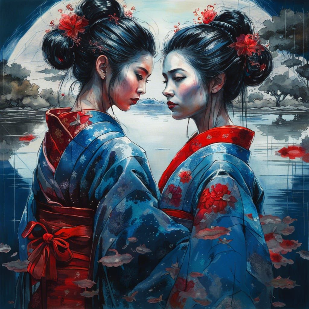 Geisha Gazing at Mirrored Reflection in Fantasy Garden