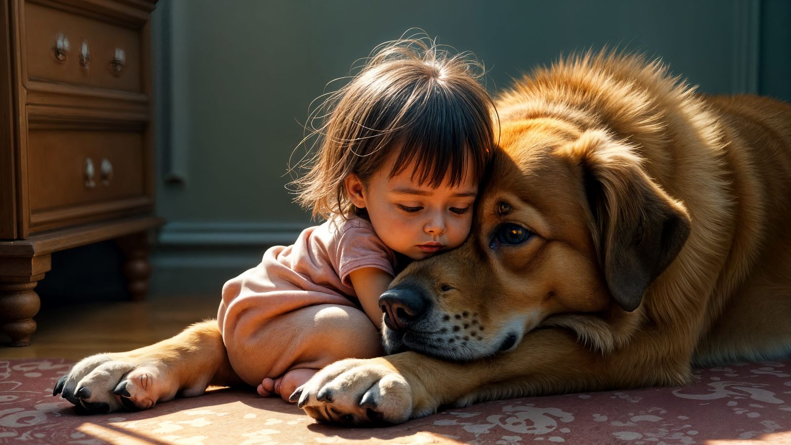 Child Hugging Dog in Romantic Style