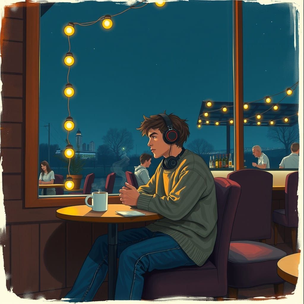 Cozy Cafe Scene at Night in Digital Art