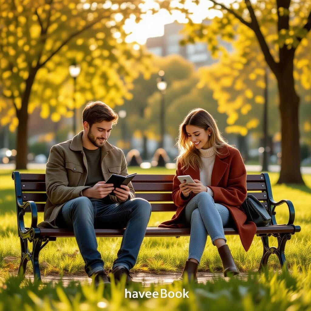 Young Couple Reading on E-readers in Golden Afternoon City P...