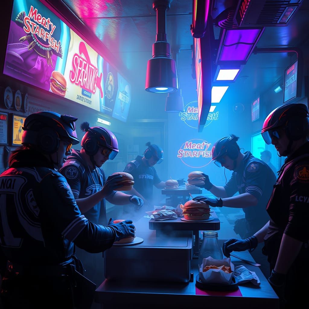 Cyberpunk Neebs Gaming Crew in Meaty Starfish Fast Food Kitc...